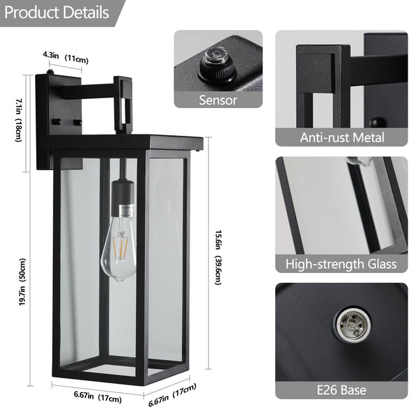 English Elm 20"(H) Set Of 2 Modern Outdoor Wall Lanterns - Black Metal Frame, Clear Glass, Dusk-To-Dawn Sensors W2312P374777