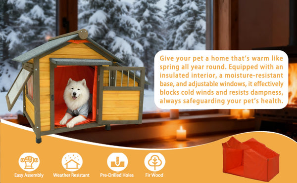 English Elm 50" Solid Wood Outdoor Dog Kennel Insulated Shelter with Shingled Roof for Small Breeds W1431P421934