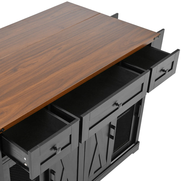 English Elm K&K 58" Farmhouse Kitchen Island with Sliding Barn Door, Drop Leaf, Glass Rack, Locking Wheels, Power Black N707P349811B