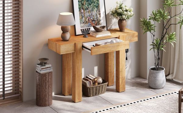 English Elm Trexm Ash Veneer Entryway Console Table Built in Power Outlet Drawer Rubberwood Natural N715P361518N