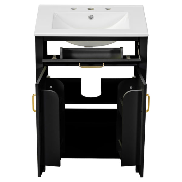 English Elm 24"Bathroom Luxurious Space-Saving Vanity with Ceramic Sink, Solid Wood Frame, Soft-Close Doors and Storage Black N729P183716B