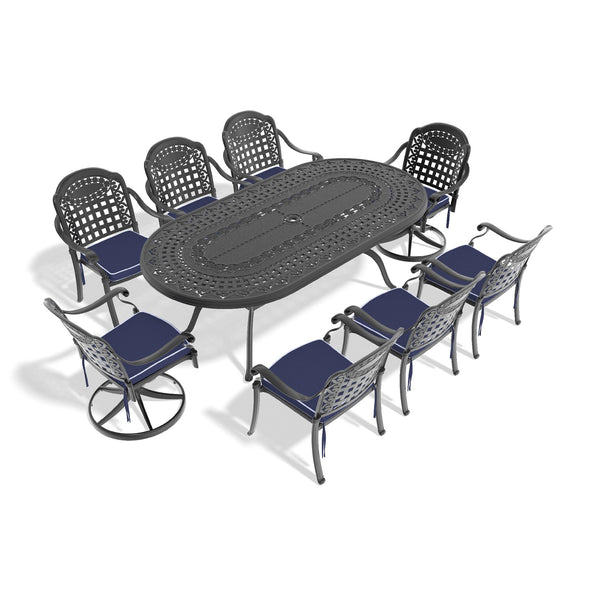 English Elm 9-Piece All-Weather Cast Aluminum Dining Set With Swivel Chairs, Cushions & Elegant Oval Table W1710S00472
