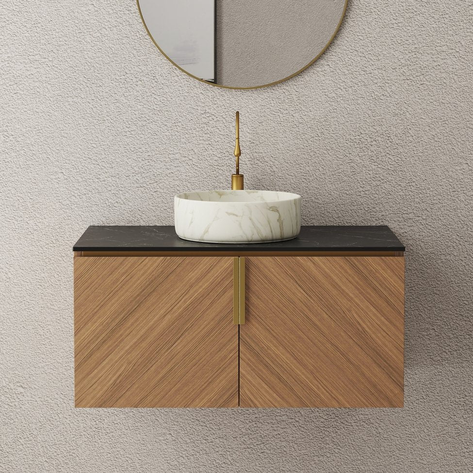 English Elm Arai 36" Wall-Mounted Bathroom Vanity With Black Stone Countertop, Ceramic Basin & Elegant Storage W2615S00354