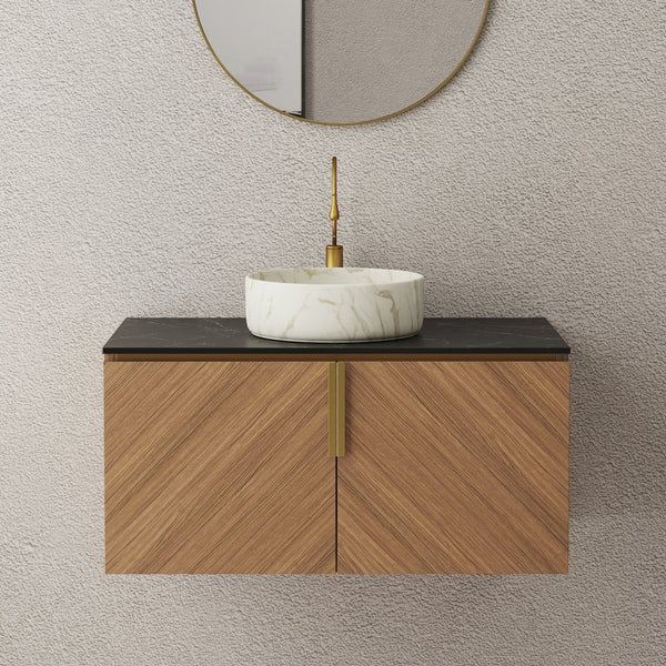 English Elm Arai 36" Wall-Mounted Bathroom Vanity With Black Stone Countertop, Ceramic Basin & Elegant Storage W2615S00354
