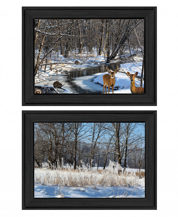 Homeroots Set Of Two Great Outdoors Nature Or Winter Forest 3 Black Framed Print Wall Art Charcoal Wood Print On Paper 416034