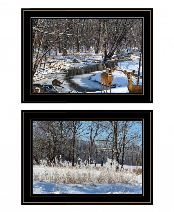 Homeroots Set Of Two Great Outdoors Nature Or Winter Forest 4 Black Framed Print Wall Art Black And Gold Wood Print On Paper 416035