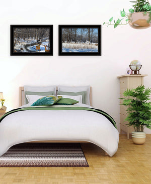 Homeroots Set Of Two Great Outdoors Nature Or Winter Forest 4 Black Framed Print Wall Art Black And Gold Wood Print On Paper 416035