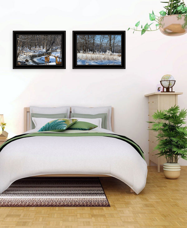 Homeroots Set Of Two Great Outdoors Nature Or Winter Forest 4 Black Framed Print Wall Art Black And Gold Wood Print On Paper 416035