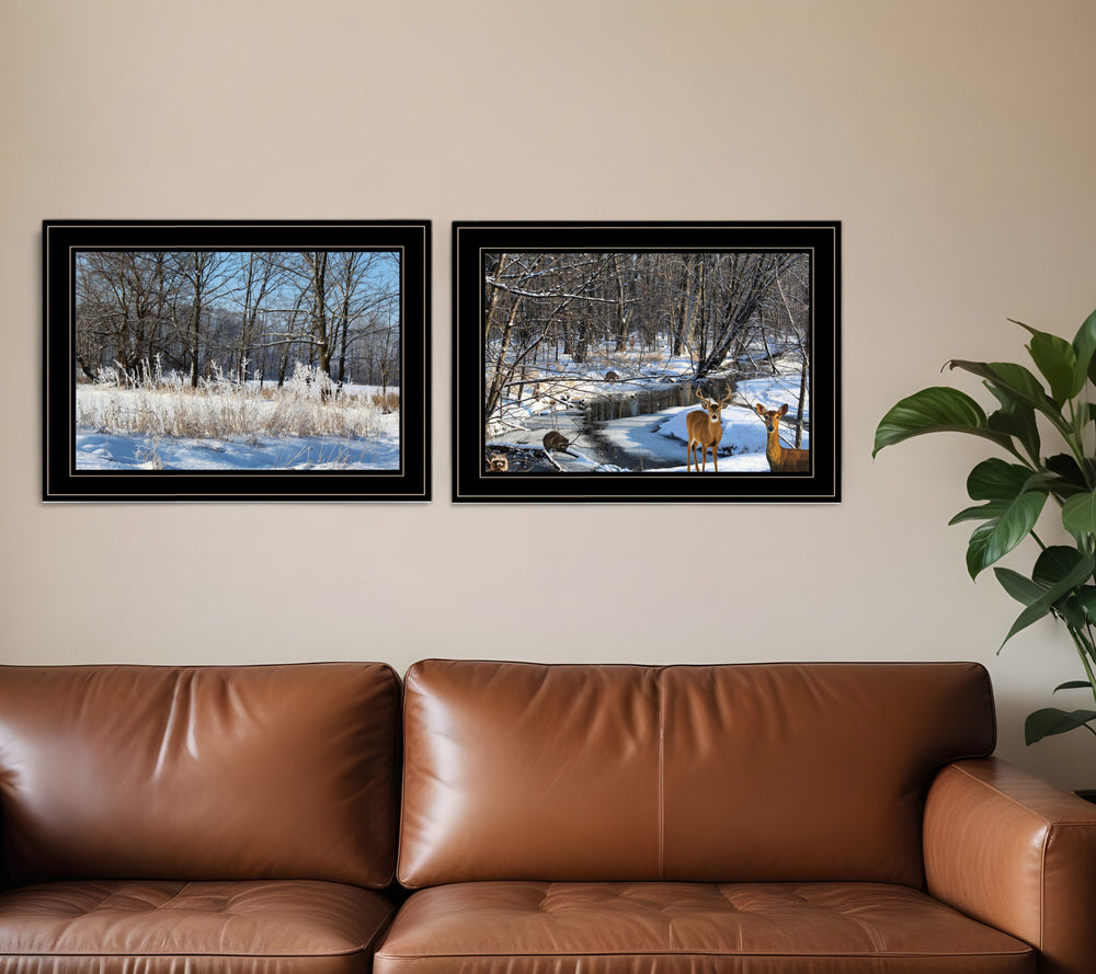 Homeroots Set Of Two Great Outdoors Nature Or Winter Forest 4 Black Framed Print Wall Art Black And Gold Wood Print On Paper 416035