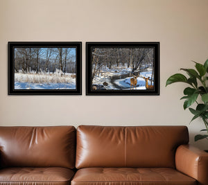 Homeroots Set Of Two Great Outdoors Nature Or Winter Forest 4 Black Framed Print Wall Art Black And Gold Wood Print On Paper 416035