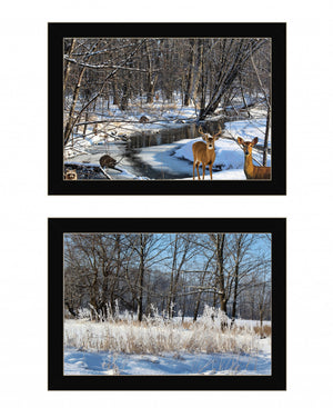 Homeroots Set Of Two Great Outdoors Nature Or Winter Forest 1 Black Framed Print Wall Art  Wood Print On Paper 416036