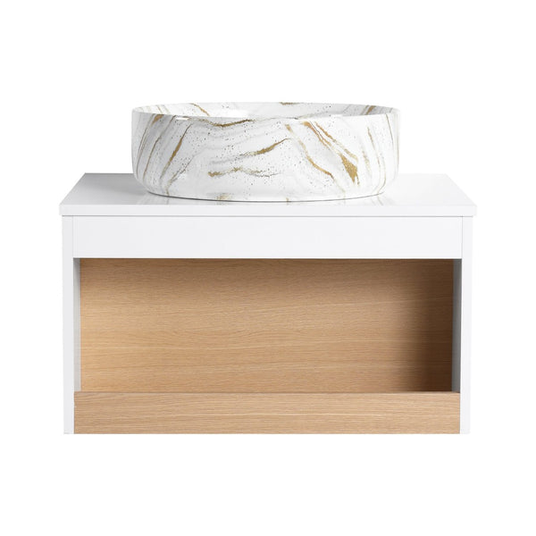 English Elm 24" Floating Bathroom Vanity White Oak Open Shelf Ceramic Vessel Sink Modern Bath W3450S00053