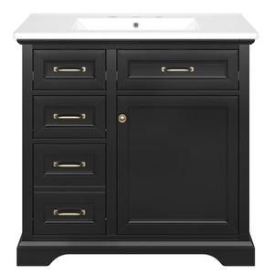 English Elm 36-Inch Modern Bathroom Vanity with Ceramic Basin, 4 Drawers & Soft-Close Door, Pre-Drilled Faucet Ready, Durable MDF and Solid Wood Construction (36"L x 18.3"W x 33.4"H) Black N725P296118B