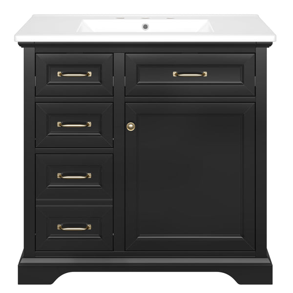 English Elm 36-Inch Modern Bathroom Vanity with Ceramic Basin, 4 Drawers & Soft-Close Door, Pre-Drilled Faucet Ready, Durable MDF and Solid Wood Construction (36"L x 18.3"W x 33.4"H) Black N725P296118B