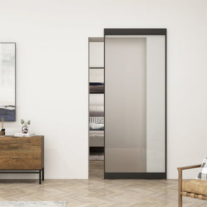 English Elm 30 in Matte Black Steel Sliding Barn Door Frosted Glass Privacy Panel with Hardware B2763P483220