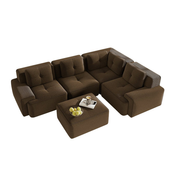 English Elm Modern Corduroy Sectional Sofa Deep Seat V Shape Tufted Couch with Movable Ottoman Brown W714S01576