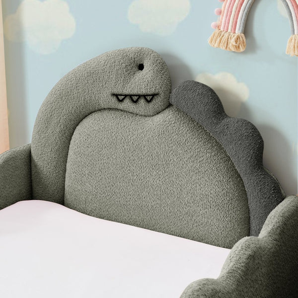 English Elm Twin Dinosaur Boucle Upholstered Kids Bed Solid Wood Frame with Padded Safety Rails Grey W1413P384918