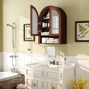 English Elm Wall Mounted Arched Cabinet Tempered Glass Doors Led Lighting Adjustable Shelves Bathroom Brown T3210P471559