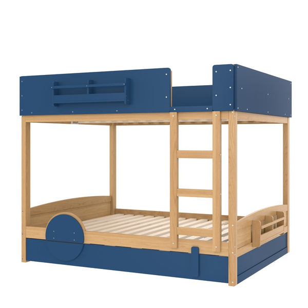 English Elm Queen Bunk Bed with Trundle Solid Pine Kids Car Themed Frame Built-in Bookshelf Blue,Natural W1580S00447