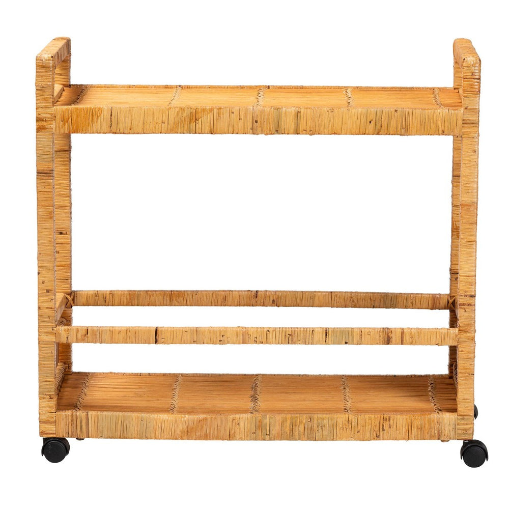 English Elm Modern Rattan Two-tier Rolling Kitchen Cart with Woven Texture and Bohemian Flair B2750P467706