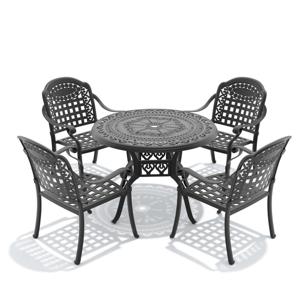 English Elm 5-piece Cast Aluminum Outdoor Dining Set with Ornate Relief Patterned Stackable Chairs W1710S00628