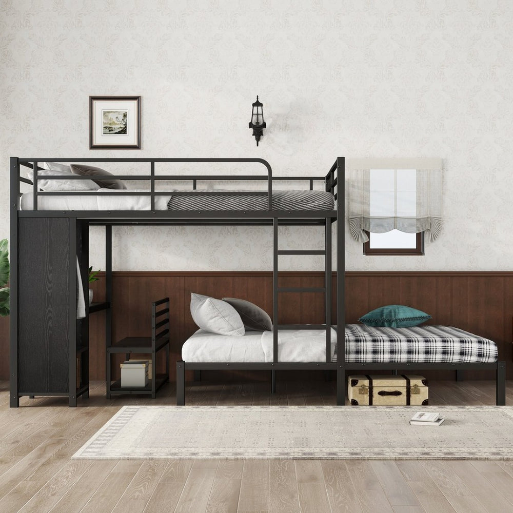 English Elm Queen Over Queen Bunk Bed Frame With Desk, Storage Chairs & Wardrobe – Space-Saving Black Design W1580S00110-GIGA