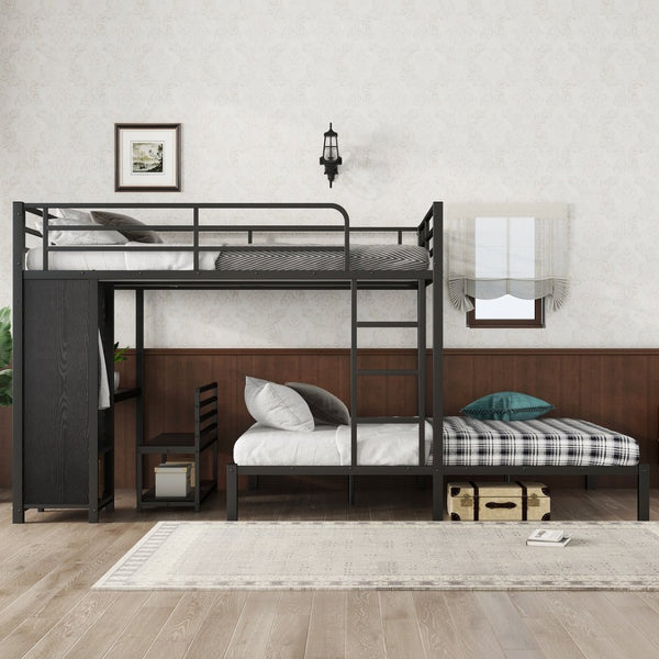 English Elm Queen Over Queen Bunk Bed Frame With Desk, Storage Chairs & Wardrobe – Space-Saving Black Design W1580S00110-GIGA