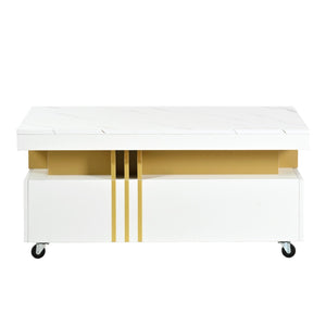 English Elm Faux Marble Rectangular Coffee Table with Gold Bars Drawers and Caster Wheels White WF305961AAK