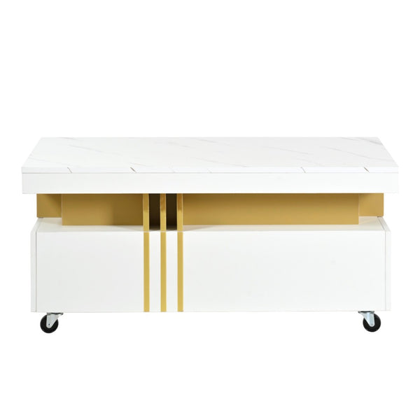English Elm Faux Marble Rectangular Coffee Table with Gold Bars Drawers and Caster Wheels White WF305961AAK
