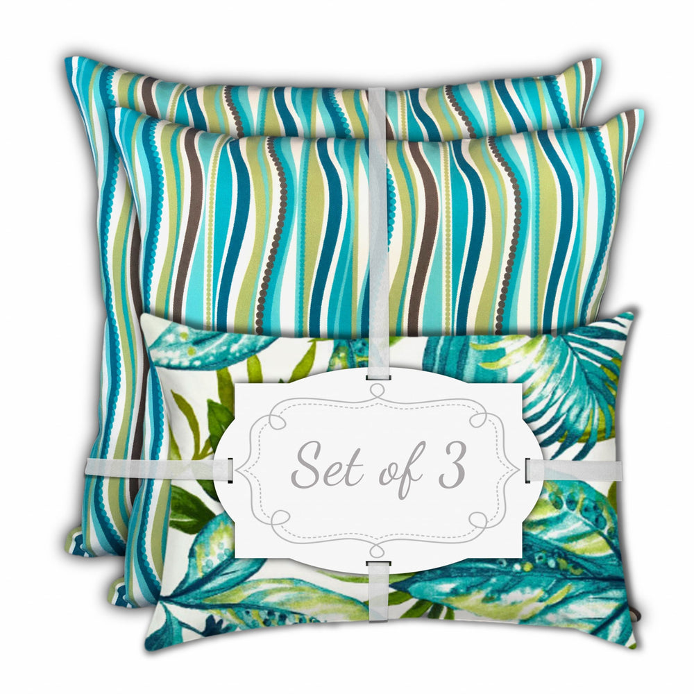 Homeroots Set Of Three 18" X 18" White And Green Blown Seam Tropical Throw Indoor Outdoor Pillow  Uv Protected Polyester 416496