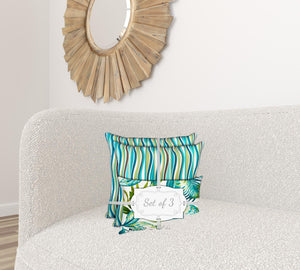 Homeroots Set Of Three 18" X 18" White And Green Blown Seam Tropical Throw Indoor Outdoor Pillow  Uv Protected Polyester 416496