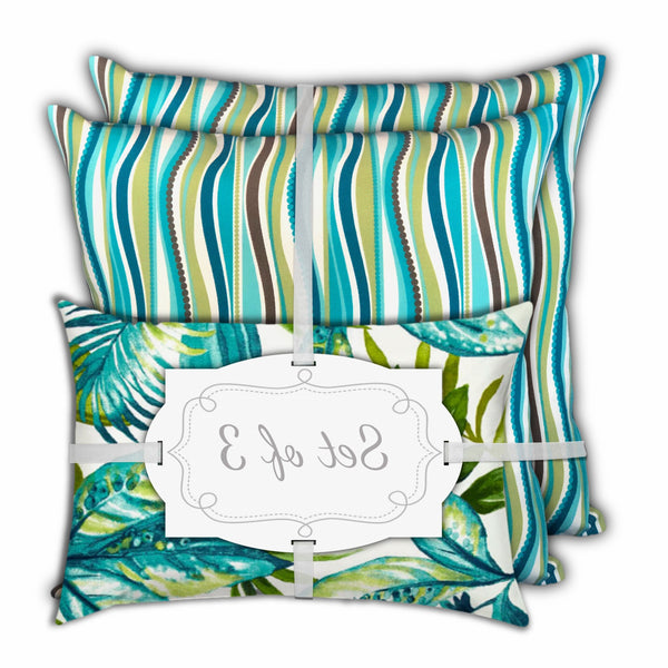 Homeroots Set Of Three 18" X 18" White And Green Blown Seam Tropical Throw Indoor Outdoor Pillow  Uv Protected Polyester 416496