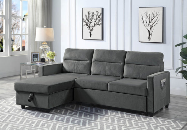 English Elm Iride Velvet Sleeper Sectional with Reversible Storage Chaise for Compact Living Rooms Dark Gray B2749S00118