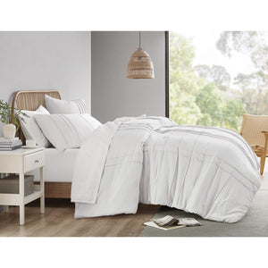 JLA Home Comfort Spaces - Soft Washed Pleated Duvet Cover Set with OEKO-TEX Soft Microfiber, Grid Pinch-Pleat, Button Closure, Breathable Comfort for Year-Round Use White AM12-0040
