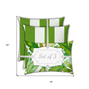 Homeroots Set Of Three 18" X 18" Green And White Blown Seam Striped Throw Indoor Outdoor Pillow  Uv Protected Polyester 416502