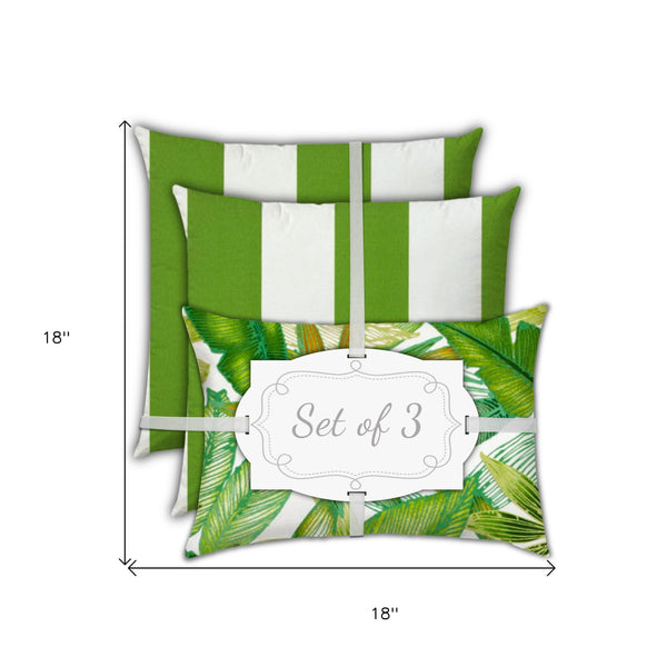 Homeroots Set Of Three 18" X 18" Green And White Blown Seam Striped Throw Indoor Outdoor Pillow  Uv Protected Polyester 416502