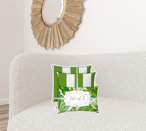 Homeroots Set Of Three 18" X 18" Green And White Blown Seam Striped Throw Indoor Outdoor Pillow  Uv Protected Polyester 416502
