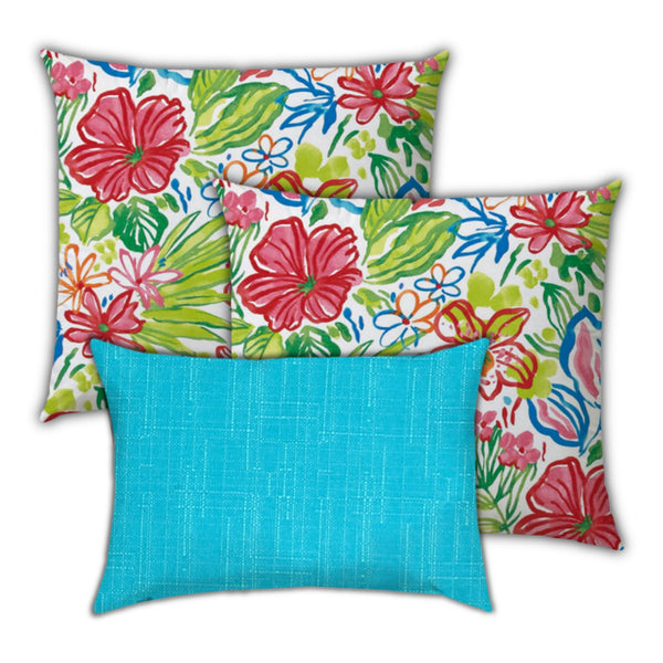 Homeroots Set Of Three 18" X 18" Red And Blue Blown Seam Floral Throw Indoor Outdoor Pillow  Uv Protected Polyester 416556