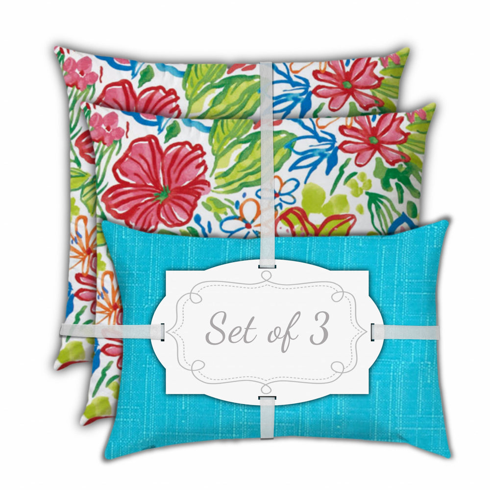 Homeroots Set Of Three 18" X 18" Red And Blue Blown Seam Floral Throw Indoor Outdoor Pillow  Uv Protected Polyester 416556