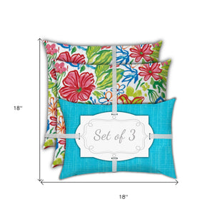 Homeroots Set Of Three 18" X 18" Red And Blue Blown Seam Floral Throw Indoor Outdoor Pillow  Uv Protected Polyester 416556