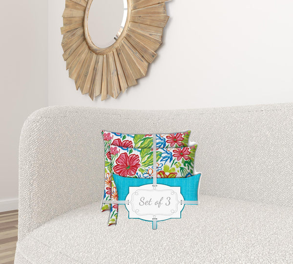 Homeroots Set Of Three 18" X 18" Red And Blue Blown Seam Floral Throw Indoor Outdoor Pillow  Uv Protected Polyester 416556