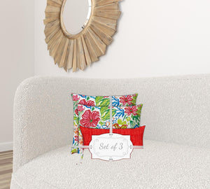 Homeroots Set Of Three 18" X 18" Red And White Blown Seam Floral Throw Indoor Outdoor Pillow  Uv Protected Polyester 416557