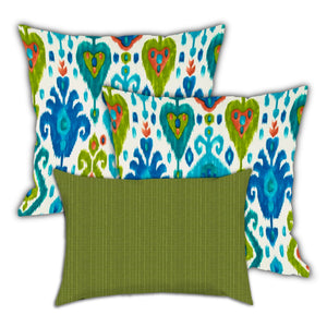 Homeroots Set Of Three 18" X 18" Green And White Blown Seam Ikat Throw Indoor Outdoor Pillow  Uv Protected Polyester 416593