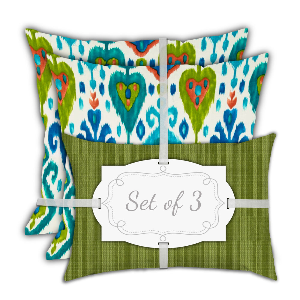 Homeroots Set Of Three 18" X 18" Green And White Blown Seam Ikat Throw Indoor Outdoor Pillow  Uv Protected Polyester 416593