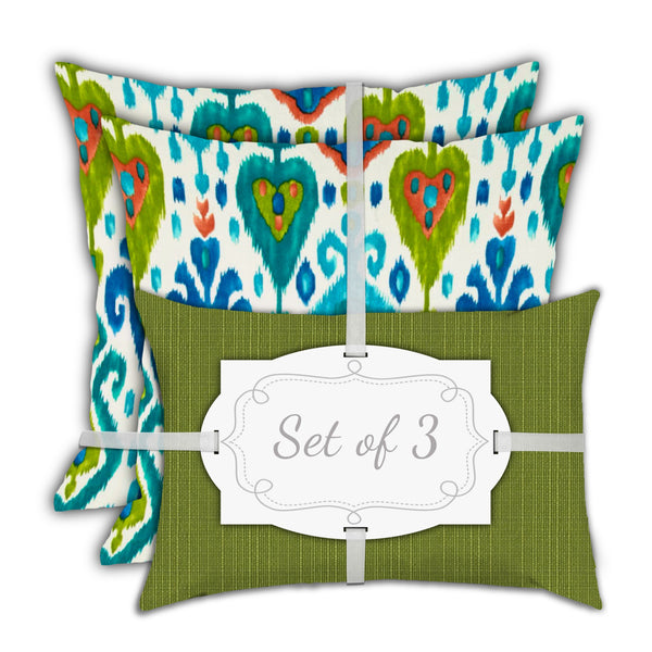 Homeroots Set Of Three 18" X 18" Green And White Blown Seam Ikat Throw Indoor Outdoor Pillow  Uv Protected Polyester 416593