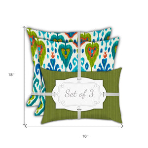 Homeroots Set Of Three 18" X 18" Green And White Blown Seam Ikat Throw Indoor Outdoor Pillow  Uv Protected Polyester 416593