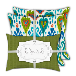 Homeroots Set Of Three 18" X 18" Green And White Blown Seam Ikat Throw Indoor Outdoor Pillow  Uv Protected Polyester 416593