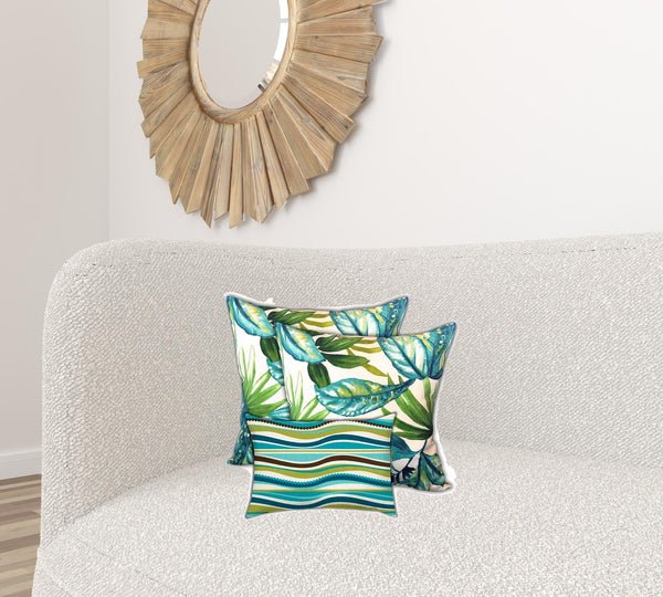 Homeroots Set Of Three 18" X 18" White And Green Blown Seam Tropical Throw Indoor Outdoor Pillow  Uv Protected Polyester 416594