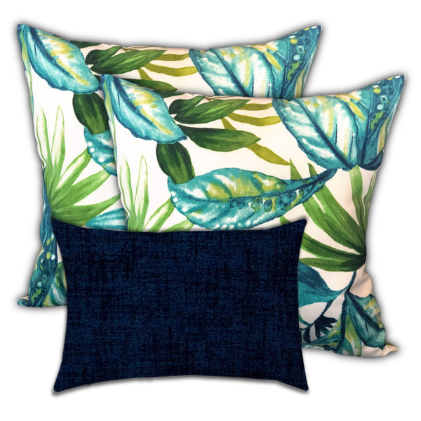 Homeroots Set Of Three 18" X 18" White And Blue Blown Seam Tropical Throw Indoor Outdoor Pillow  Uv Protected Polyester 416597