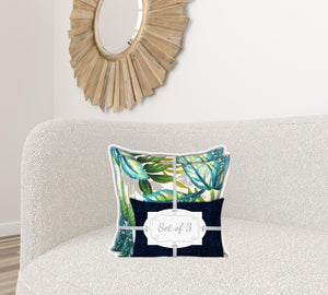 Homeroots Set Of Three 18" X 18" White And Blue Blown Seam Tropical Throw Indoor Outdoor Pillow  Uv Protected Polyester 416597